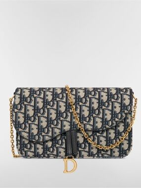 Dior Navy and Beige Monogram Saddle Crossbody with Gold Chain